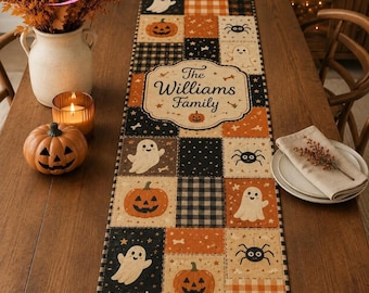 Custom Family Name Halloween Table Runner, Printed Quilt Pumpkin Ghost Table Decor, Spooky Autumn Dining Table Runner Halloween Home Decor