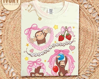 Comfort Colors Coquette Bow Curious George Shirt, Stay Curious, Nostalgic Cartoon Tee, Travel & Learning Gift, Curious George Birthday Shirt