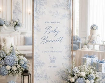 Personalized Toile De Jouy Birthday Welcome Sign, Baby Shower Party Decor, Custom Name Banner, Vintage French Toile Sign, Gift for Parents