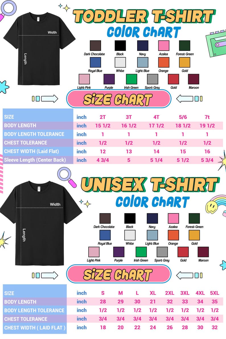 The image is a color chart for toddler t-shirts, displaying various color options and corresponding size charts. The chart provides measurements for different body lengths, chest widths, and sleeve lengths, as well as the corresponding color options. The chart is designed to help parents and caregivers choose the appropriate size and color for a toddler's t-shirt based on their child's measurements.