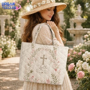 Personalized Vintage Christian Quilted Tote Bag, Floral Cross Faith HandBag, Custom Name Bible Verse Bag Gift for Women, Church Tote Bag