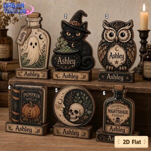 Personalized Name Halloween Wooden Block, 2D Flat Printed Ghost Pumpkin Black Cat Skeleton Owl Bat, Rustic Fall Tiered Tray Decor