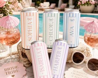 Personalized Can Cooler, Custom Name Koozie, Bridesmaid Can Cooler, Beach Bachelorette Favor, Preppy Stripe Can Cooler, Skinny Can Sleeve