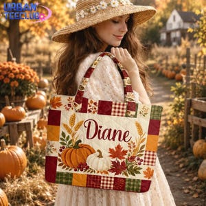 Custom Name Vintage Quilted Tote Bag, Autumn Harvest Patchwork Purse, Pumpkin Fall Shoulder Bag, Cozy Market Tote for Mother Grandma