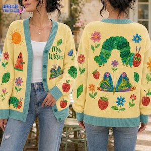 Personalized The Very Hungry Caterpillar Cardigan, Kindergarten Teacher Knitted Sweater, Teacher Appreciation Gift, Book Characters Top
