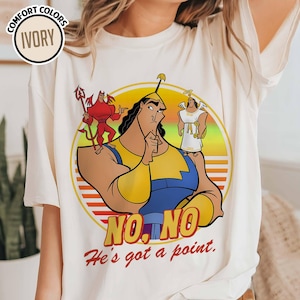 May include: Ivory-colored t-shirt with a graphic of a cartoon character with a devil and angel on his shoulders. The graphic includes the text "NO, NO. He's got a point."