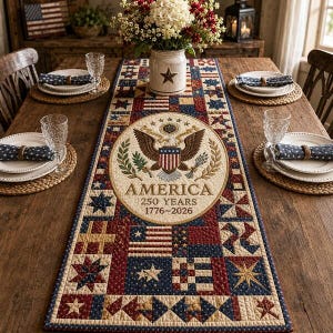 May include: A patriotic table runner with a patchwork design in red, white, and blue. The center features an embroidered emblem with an eagle and the text "AMERICA 250 YEARS 1776-2026". The runner is placed on a wooden table, set for a meal.