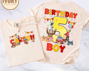 Camiseta de cumpleaños personalizada de George el Curioso de dos caras, cumpleaños de George el Curioso, camiseta personalizada de cumpleaños a juego, cumpleaños familiar de George el Curioso