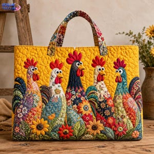 May include: A quilted tote bag with a bright yellow background featuring five colorful roosters with googly eyes and floral patterns. The bag has two matching quilted handles and a bottom border decorated with sunflowers and red flowers.