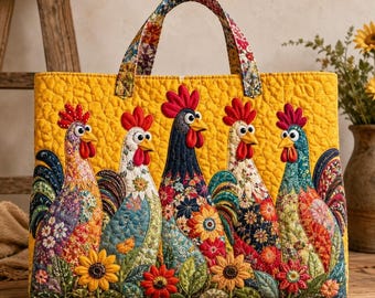 Faux Patchwork Style Cute Chicken Handbag, Quilted Floral Chicken Tote Bag for Women, Chicken Mom Bag Gift, Quilted Chicken Boho Handbag