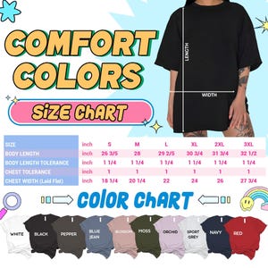 The image is a size chart for a black t-shirt, with a color chart below it. The chart provides measurements for different body lengths, chest widths, and tolerance levels, along with the corresponding shirt colors.