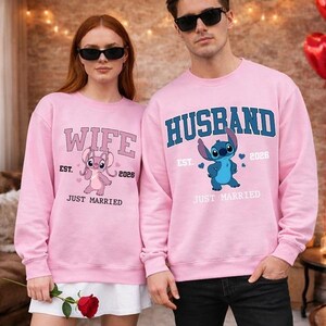 Husband Stitch Wife Angel Matching Couple Shirt, Disneyland Stitch Just Married Couple Tee, Disneyland Valentine Day Gift For Him For Her image 2