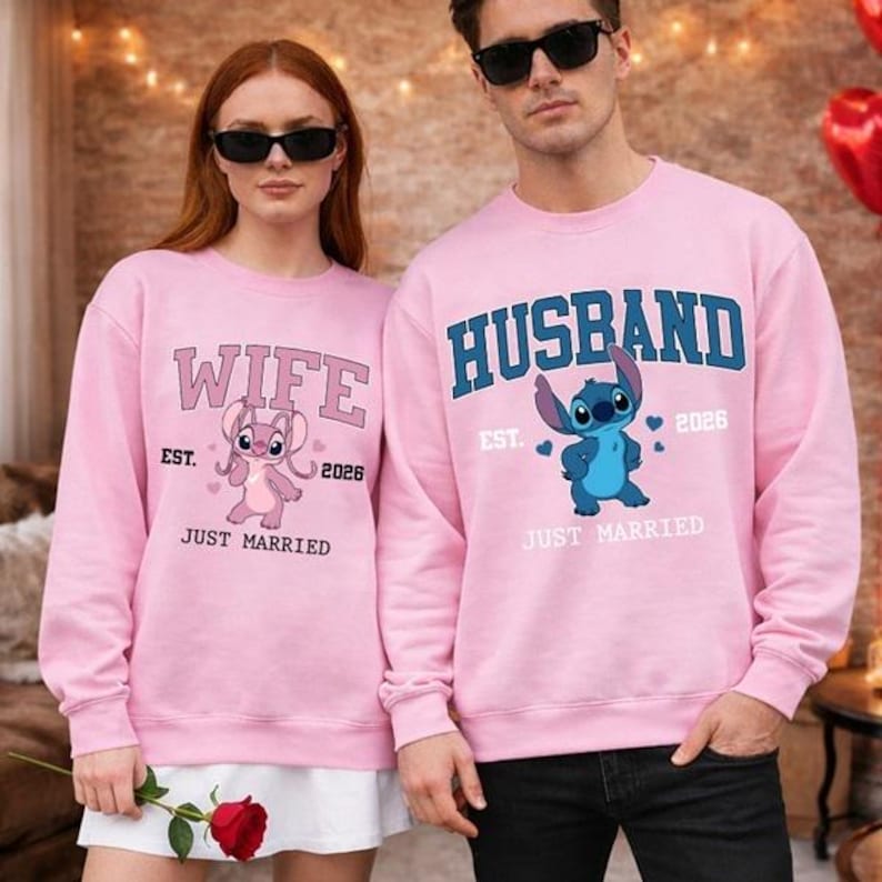 Husband Stitch Wife Angel Matching Couple Shirt, Disneyland Stitch Just Married Couple Tee, Disneyland Valentine Day Gift For Him For Her image 2