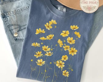 Comfort Colors Wildflower Shirt, Yellow Cosmos Floral Tee, Vintage Botanical Graphic TShirt, Aesthetic Cottagecore Clothing, Boho Flower Tee