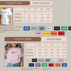 May include: A size chart for Rabbit Skins 3321 toddler t-shirts and Gildan 5000B youth t-shirts. Includes width, length, and sleeve measurements in inches for sizes 2T to 5-6T and XS to XL. Displays available color swatches and fabric specifications.