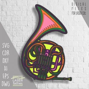 Formatos SVG CDR AI de trompa francesa multicamadas, design de instrumento musical, modelo Glowforge, Xtool Crafts, arquivos 3D cortados a laser para download