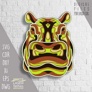 Formatos SVG CDR AI de hipopótamos multicamadas, arquivos cortados a laser para download, design de animais de safári, projetos 3D Cricut, modelo de recorte de papel