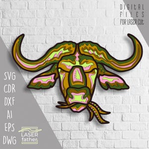 Formatos SVG CDR AI de Buffalo Multicamadas, Arte Animal Africana, Arte de Recorte em Papel 3D, Design de Safari, Cricut, Xtool, Arquivo de Corte a Laser para Download