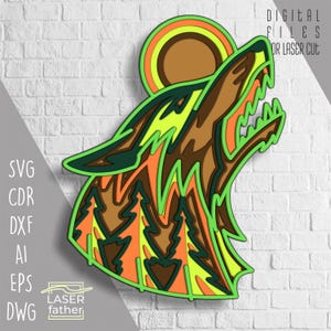 Formatos SVG CDR AI de Lobo Uivante Multicamadas, Modelo Xtool, Projeto Papercut, Arte de Animais da Floresta, Cricut Craft, Arquivo Recortado a Laser para Download
