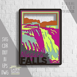 Formatos SVG CDR AI das Cataratas do Niágara em várias camadas, design de cachoeira, modelo de caixa de sombra, para Cricut, para Glowforge, arquivos cortados a laser para download