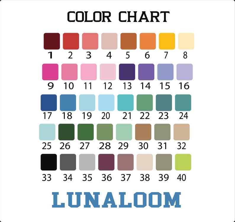 Puede incluir: Una carta de colores con 40 muestras de colores numeradas en una cuadr&iacute;cula. Las muestras incluyen tonos de rojo, rosa, morado, azul, verde, marr&oacute;n y amarillo. Se muestra el texto "COLOR CHART" y "LUNALOOM".