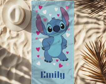 Custom Disney Summer Stitch Floral Beach Towel, Floral Family Bath Towel, Lilo And Stitch Picnic Towel, Movie Pool Towel For kids