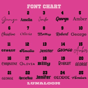 Puede incluir: Un gr&aacute;fico de fuentes rosa con el texto "FONT CHART" en la parte superior. El gr&aacute;fico muestra 25 estilos de fuente diferentes, cada uno mostrando un nombre como "George" o "Amelia". La marca "LUNALOOM" est&aacute; en la parte inferior.