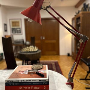 May include: A red desk lamp with a flexible arm and a clamp base. The lamp is positioned over a marble table, next to a stack of books and a magnifying glass. The books are titled "George Condo Mental States", "Everest", and "to live in France".