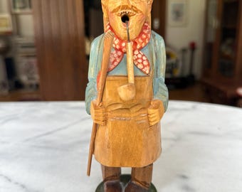 Drewniana figurka niemieckiego palacza (Räuchermann) – mężczyzna palący fajkę i kadzielnica – Erzgebirge Folk Art