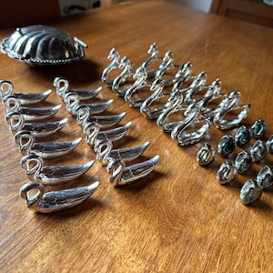 Vintage Silver Plated Swan Tableware Set Napkin Rings, Knife Rests, Place Card Holders & Shell Butter Dish