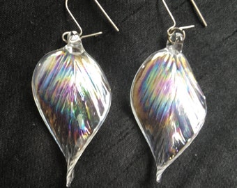 Glass leaf shaped earrings with irridescent pearl shine (great gift) aurora borealis