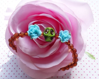 Halloween green skull with blue roses bracelet - dia de muertos - free worldwide shipping