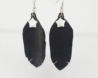 Feather inner tube earrings with little white star recycle bike jewellery pretty gift rubber eco friendly