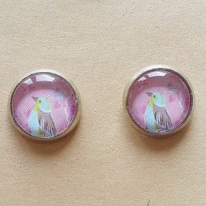 Pink bird cabochon earrings studs handmade spring gift for birtdays or bridesmaids
