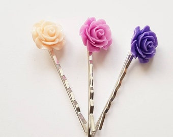 vintage pink and purple roses bobby pins hair clips great gift - set of three