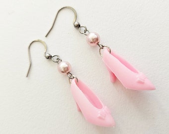 soft pink barbie shoe earrings - upcycled toy jewelry - original gift