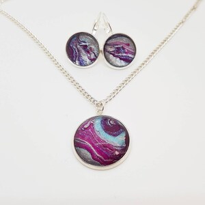 galaxy set of necklace and matching earrings in blue and pink perfect gift