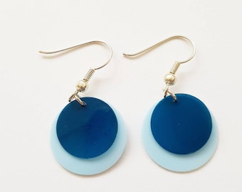 Recycled plastic lightblue and petrol blue green transparent plastic earrings made from a handsoap bottle upcycled plastic circles earrings