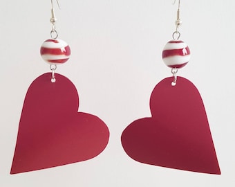 maroon red recycled heartshaped plastic earrings made from a shampoo bottle upcycled plastic earrings - valentinesday gift