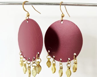 burgundy red earrings made of recycled plastic bottles combined with goldtone feathers / leafs