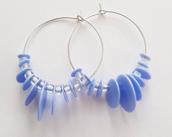 Small baby blue hoops made with recycled plastic sustainable summer jewelry