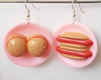 hamburgers and hotdogs on pink plates earrings - miniature food jewelry