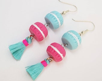 blue and pink macaron with tassle earrings great gift for young and old ladies and girls original jewelry handmade