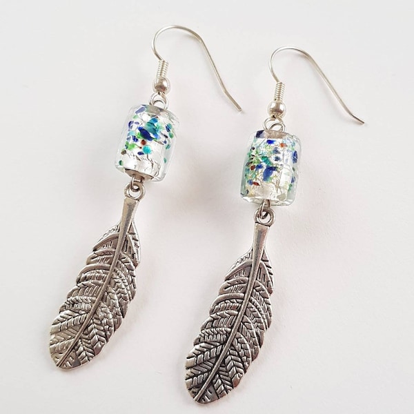 Feather earrings silver tone with confetti glass bead jewellery pretty gift