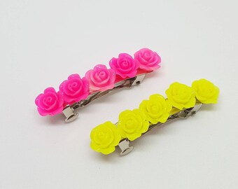 neon roses barrette hair clips great gift - set of two - lolita kawaii hair clips