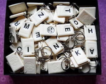 Bulk Rummikub tile initial letter keychains 10 pieces or more - wedding give away, birthday present bulk gifts