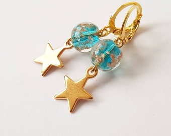 goldtone star with blue glass beads earrings - minimalistic jewelry