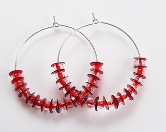 Small red hoops made with recycled plastic sustainable summer jewelry