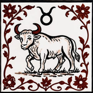Peut inclure: Un carreau de céramique carré représentant un taureau blanc peint à la main avec des cornes rouge foncé, debout sur un sol. Au-dessus du taureau se trouve le symbole du zodiaque Taureau en noir. Le motif est encadré par une bordure florale rouge.