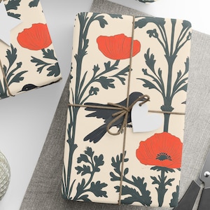 Botanical Poppy Folk Art Wrapping Paper Roll – William Morris Style Gift Wrap